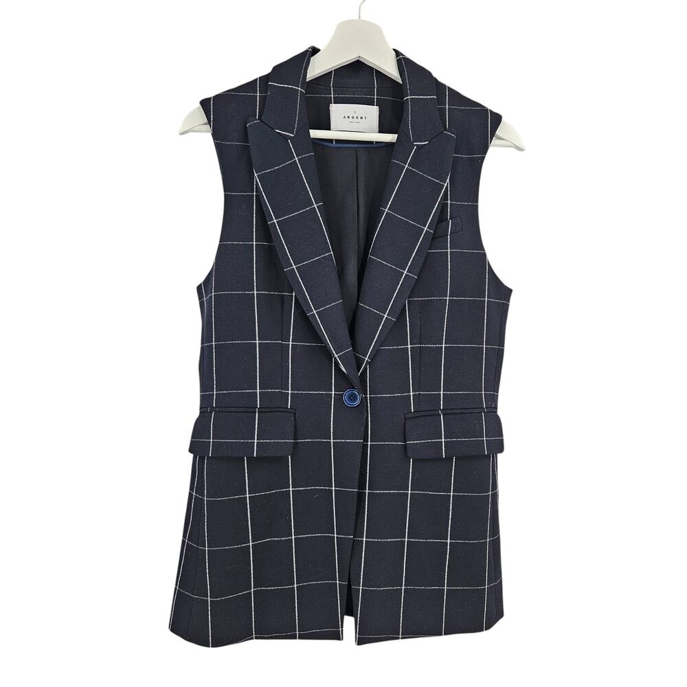 Argent Blazer Coat Vest Black White Grid Sleeveless Tailored One Button Size 2